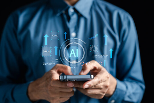 Artificial intelligence data center demand and semiconductor growth. Man analyzing DRAM and NAND memory chip upward investment trend on smartphone for stock market wealth.