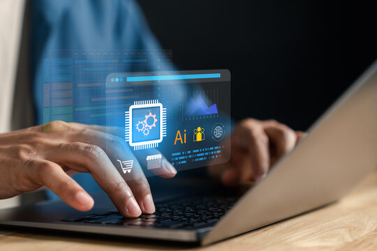Artificial intelligence marketing strategy for digital product. Man typing on laptop for business data analytics project timeline and marketplace workflow