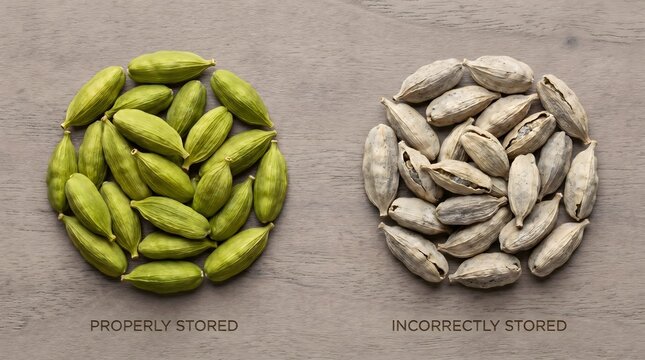 Properly and incorrectly stored cardamom pods, concept of food preservation spice extreme close-up, culinary detail, copy space, food background