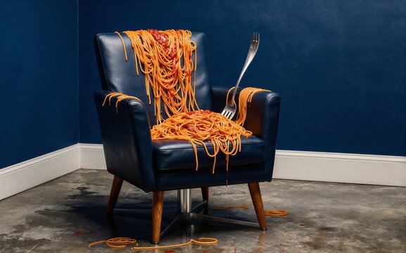 Spaghetti-covered chair with fork messy dining disaster in a blue