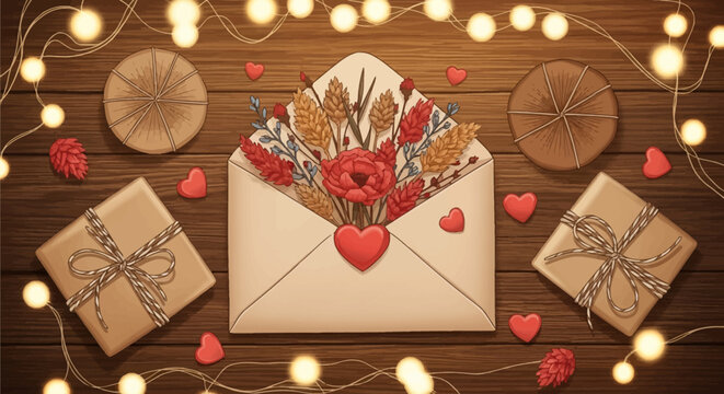 Top view illustration of a rustic Valentine gift set featuring a kraft envelope with dried flowers, heart seal, brown paper parcels with twine, and fairy lights on a wooden background.