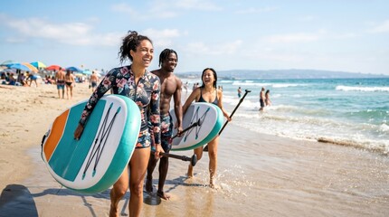 Obraz premium Diverse Friends Carrying Stand Up Paddleboards on Sunny Beach Vacation