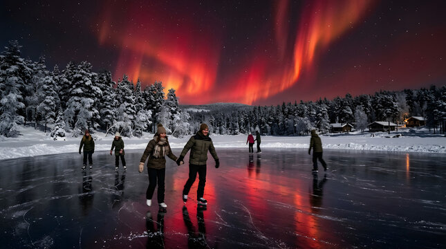 People ice skating on frozen lake under vibrant red aurora borealis