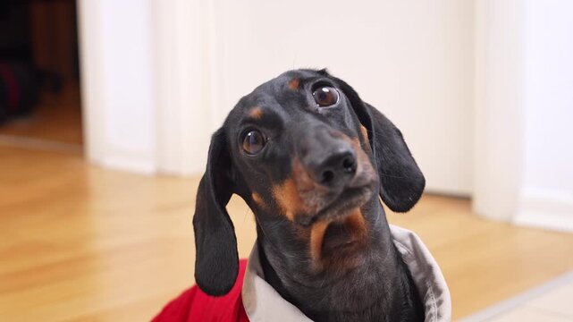 A charming black dachshund dog, looking up with an attentive expression and pleading eyes, sits on a wooden floor indoors. A curious pet portrait, capturing an attentive moment.