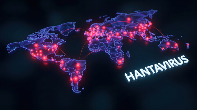 This graphic displays a world map with marked locations representing areas impacted by hantavirus. Red dots indicate outbreak sites worldwide in the current year
