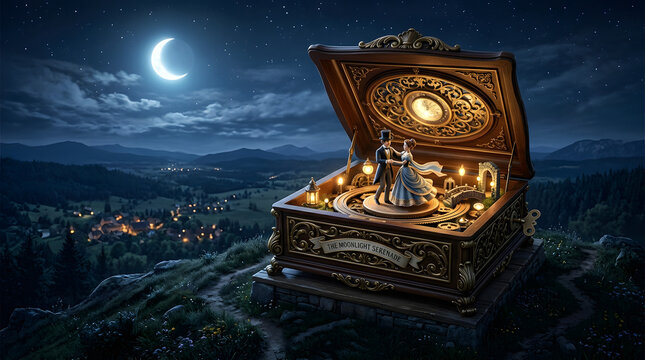 A music box with a couple dancing inside on a hill at night
