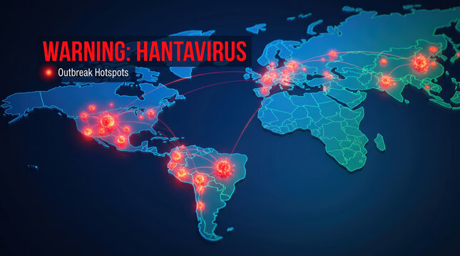 A map outlines areas affected by the hantavirus with red markers indicating outbreak hotspots across North and South America, Europe, and Asia
