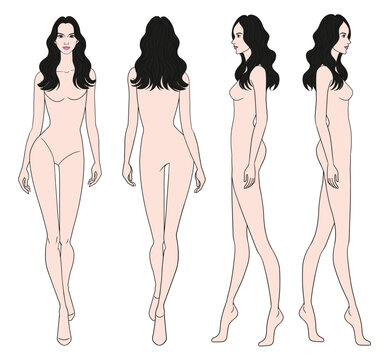 Colored fashion croquis figurines walking front side back view with curly long hair woman in white background.