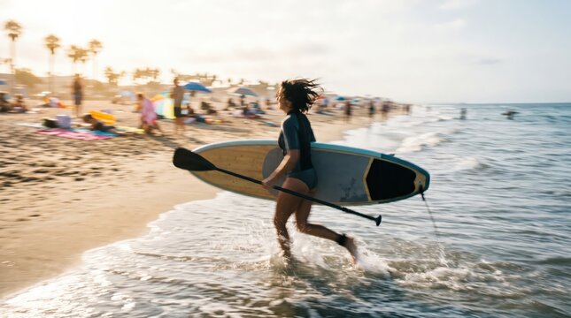 Active young woman running into ocean with stand up paddleboard at sunset beach