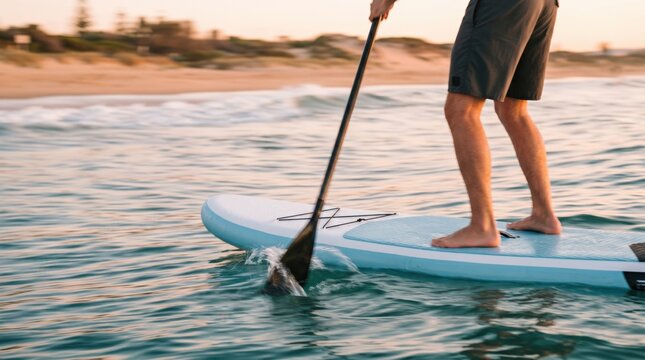 Young man paddleboarding on ocean water at sunset golden hour