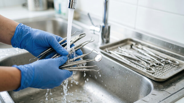 Water flows from the faucet as hands in blue gloves scrub dental instruments in a sink. A tray with clean tools is visible nearby. This shows a routine cleaning process