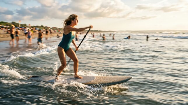 Young Caucasian Woman Stand Up Paddleboarding on Ocean Waves at Sunset Beach