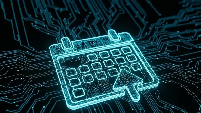 Glowing Digital Calendar With Arrow Cursor On Circuit Board Background Time Management Scheduling In Futuristic Data Network For Technology Business Concepts
