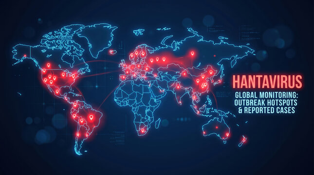 A map displays locations where hantavirus outbreaks have been reported. Red spots indicate hotspots around the world. The map shows varying intensities of reported cases in different areas