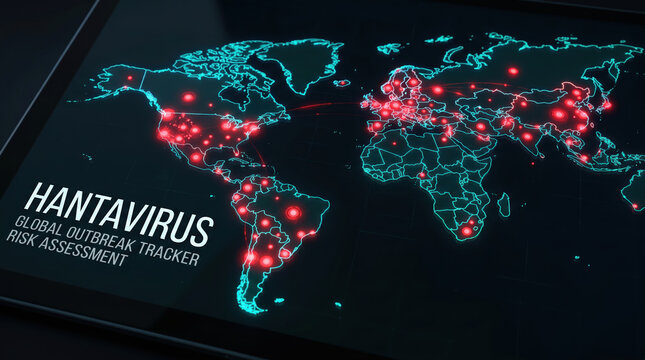 A digital map displays a global view of hantavirus outbreaks with red markers indicating affected areas. Data is shown clearly for risk assessment purposes