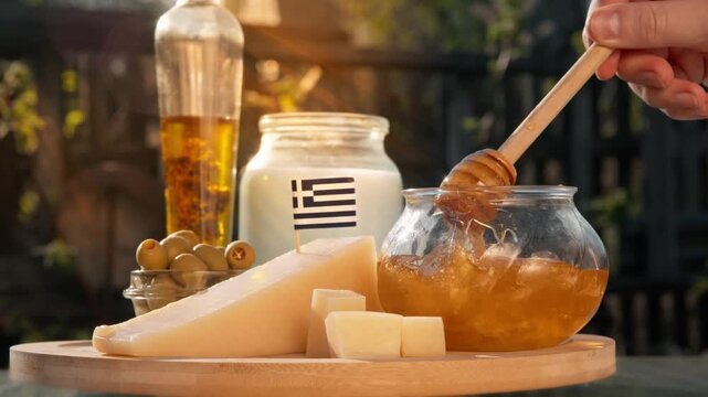 Traditional Greek farm produce, including cheese, honey, and dairy goods, is presented in soft natural light with a warm homely feeling.