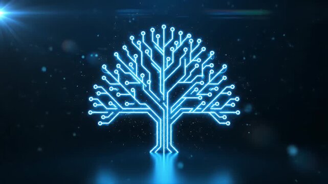Digital circuit tree glowing with blue light on a dark background with bokeh effects