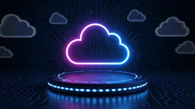 Cloud computing technology with a neon glowing cloud icon on digital circuit podiums