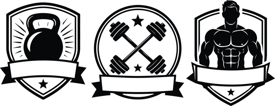Vintage gym fitness logos, bodybuilding crest set with kettlebell and barbell, 3 vector sport emblems
