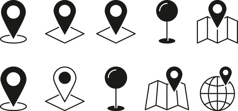 Map location icons, navigation symbols, vector pointers, geographic markers