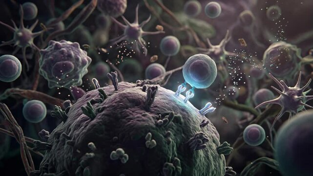 Microscopic view of biological cells and cellular structures in motion.
