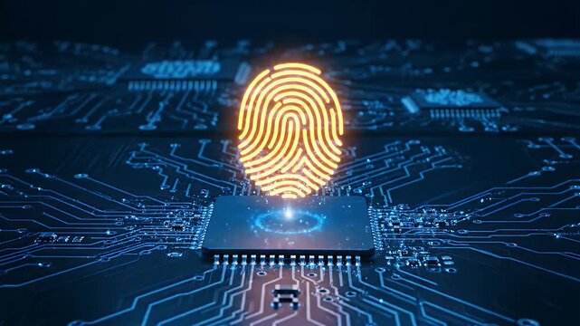 Biometric fingerprint security scanning on a microchip over a digital circuit board.