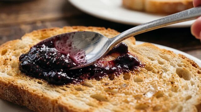 Close up of a silver spoon spreading dark berry jam on a golden brown toasted slice of bread on a rustic wooden table with natural light