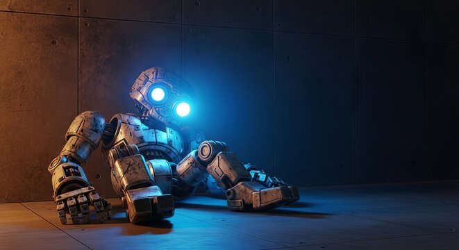 A worn mechanical entity slumps against a dark industrial wall as its glowing blue optics slowly fade and its heavy metallic limbs relax, technology, circuits, artificial intelligence