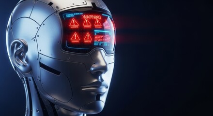 Fototapeta premium A metallic humanoid robotic head with glowing red warning indicators on a digital screen, suggesting a systemic technical failure, red, robot, glow