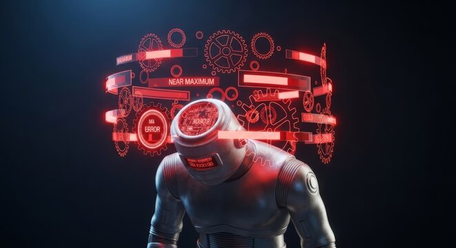 A silver machine sits slumped as glowing red progress meters and spinning unfinished gears orbit its head, showing extreme data overload, sitting, meters, motion