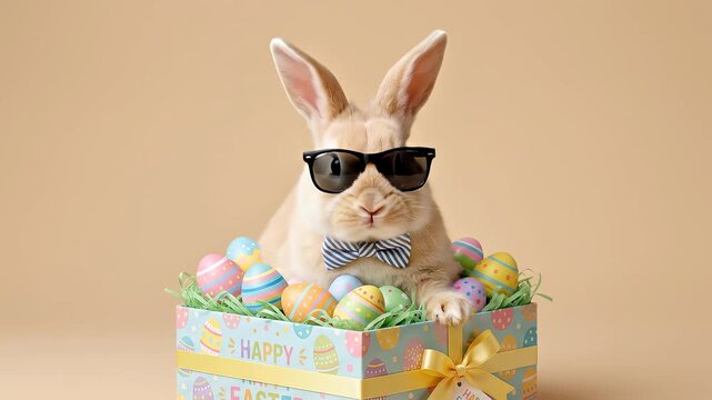 Cute Easter Bunny Wearing Sunglasses and Bow Tie in Gift Box with Eggs.