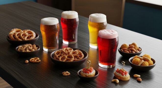 High-angle view of a sleek wooden pub table featuring cold craft drinks in glasses, bowls of salty pretzels, nuts, and savory appetizers, beer, pretzels, salty