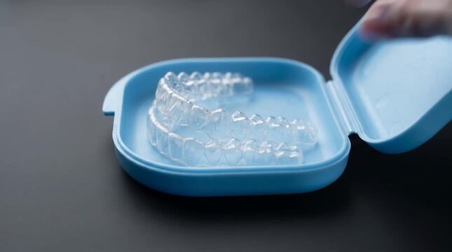 Close up of Clear Dental Retainers in a Light Blue Protective Case Being Opened by a Hand on a Dark Gray Background with Studio Lighting and Shallow Depth of Field
