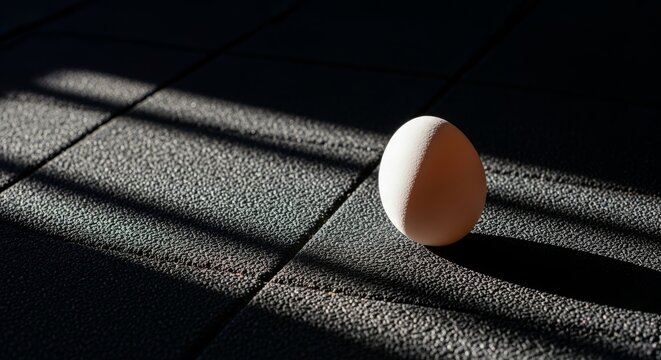 A white egg sits alone on a dark textured rubber floor, highlighted by dramatic diagonal shadows stretching across the grainy surface, surface, texture, white