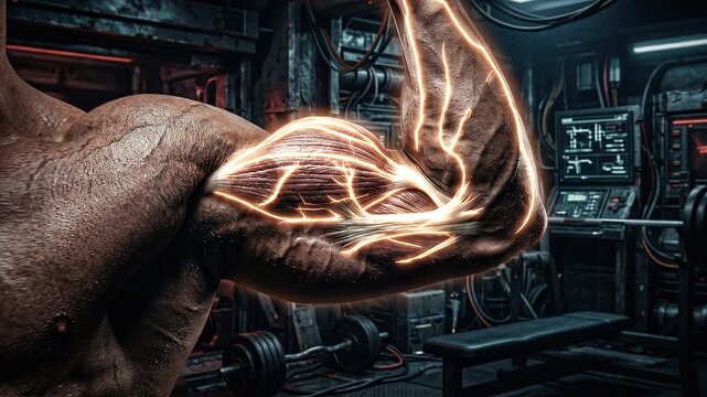 Close up of a muscular arm with glowing veins in a futuristic gym.