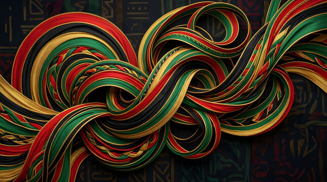 Abstract Pan-African 3D Ribbon Background with Red Black Green and Gold Flowing Lines for Black History Month and Juneteenth Celebrations