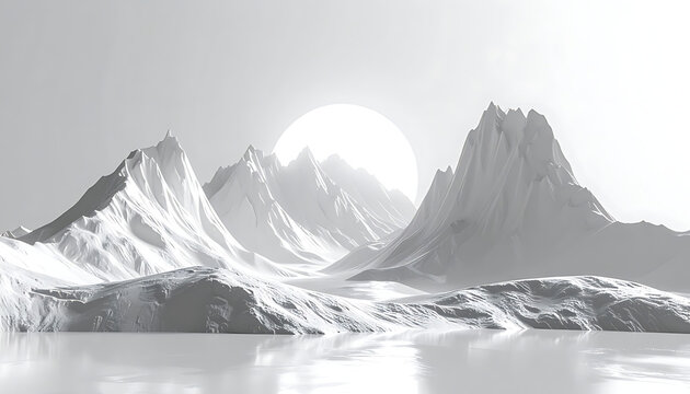 Pixelated winter mountain range with dramatic sun and reflective water, serene icy landscape, abstract digital art