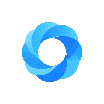 Blue swirling spiral shape logo.