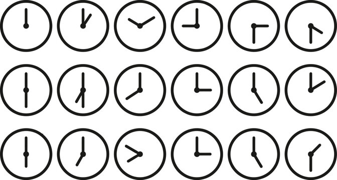 Clock faces, time icons, vector clocks, hour markers