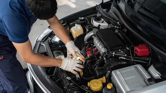 A mechanic, wearing gloves, inspects a car engine with a flashlight