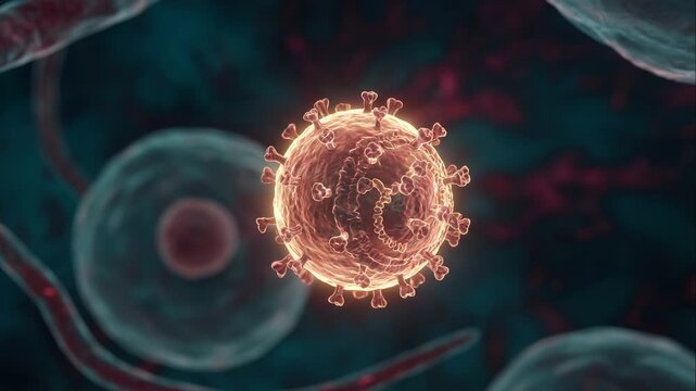 Cinematic microscopic view of the Hantavirus particle, a spherical pathogen, amidst cellular structures, illustrating its biological threat and potential for disease