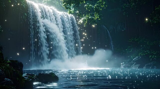 A luminous waterfall cascades into a serene pool, framed by lush green foliage and ethereal lights