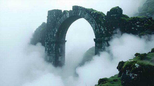 An ancient stone arch bridge pierces through thick fog, shrouded in mist, with green moss