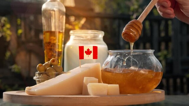 Farm fresh produce from Canada, including cheese, honey, and dairy goods, appears in soft sunlight with homely, welcoming feeling.