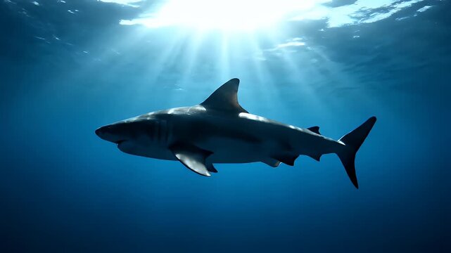Large bull shark swimming in the deep blue ocean with sun rays from a water surface.