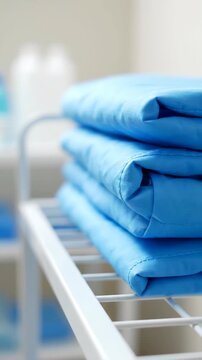 Neatly folded stack of clean blue towels or linens on a white rack with soft lighting suitable for a spa or medical setting