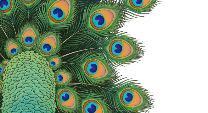 Vibrant peacock tail feathers with colorful eyespots and green body plumage close-up illustration. Detailed bird tail fan showing blue and orange ocelli on white background.