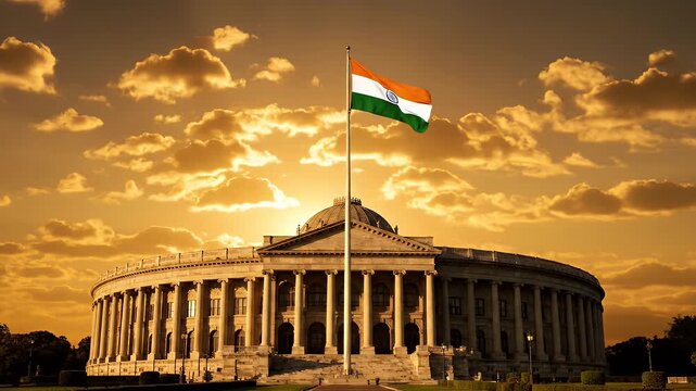 Indian parliament building and flag waving at sunset with golden clouds in background