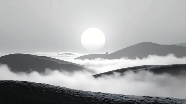A grayscale landscape of rolling hills, shrouded in mist, with a large, bright, pale sun
