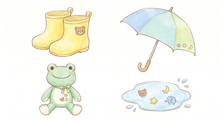Fototapeta premium 梅雨のお出かけグッズセット（レインブーツ・傘・ぬいぐるみ）優しい色鉛筆・水彩風イラスト